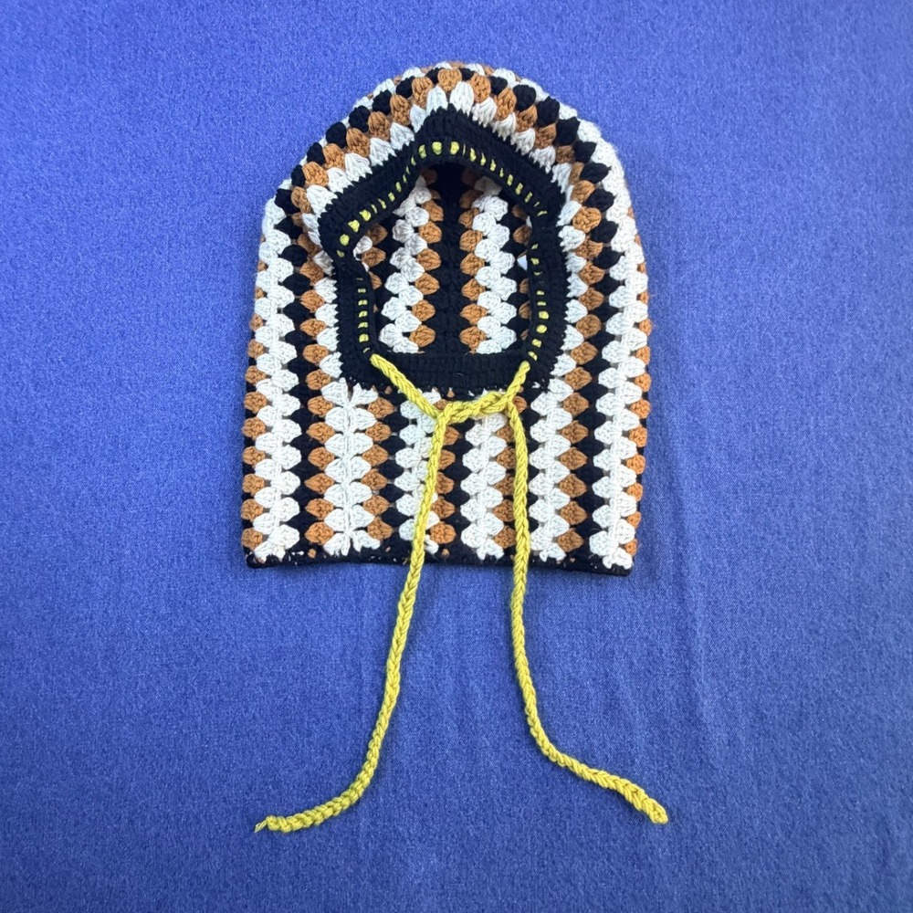 Handmade Style Crochet Granny Square Balaclava Hood Black Tan Cream Yellow